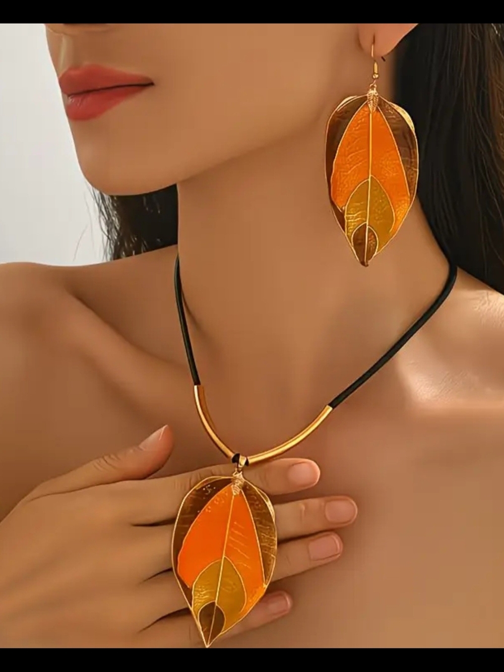 Bohemian Orande & Gold Layered Enamel Leaf Necklace & Earring Set